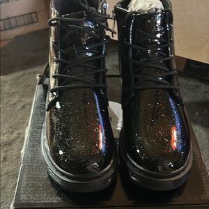 Shimmering Black Ankle Boots with Platform Sole